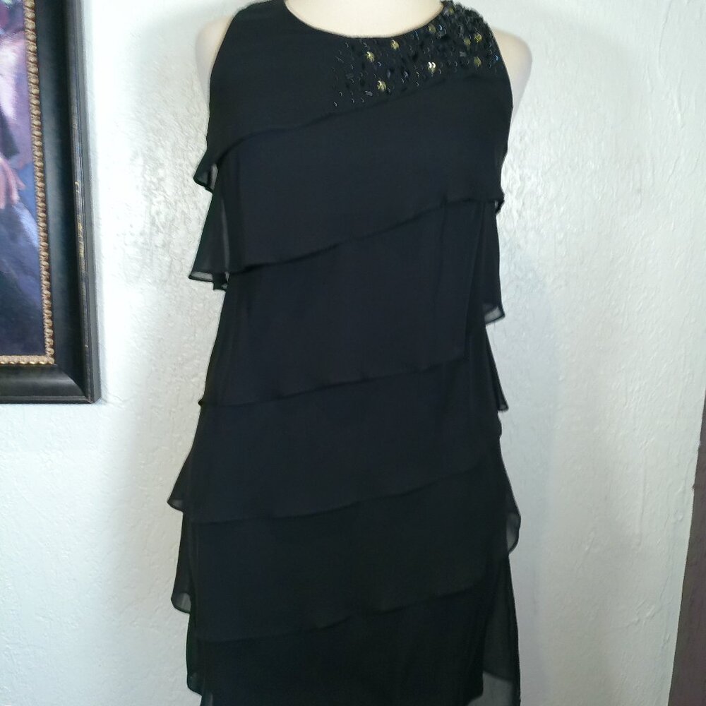 Jessica Howard Dress Cocktail Evenings  Womens P4 Black Ruffle Sleeveless Beaded